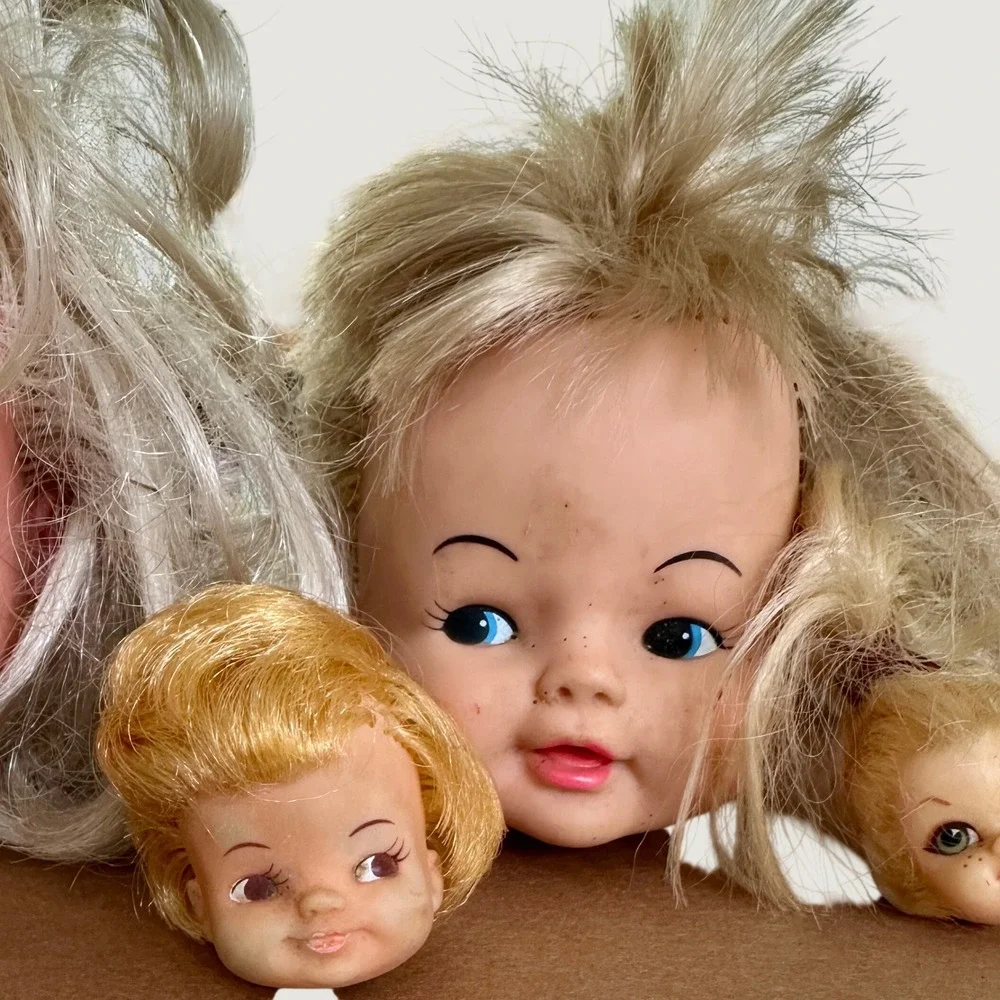 Set if 4 Vintage Doll Heads for Creepy Halloween Costume Decor Trick or Treat